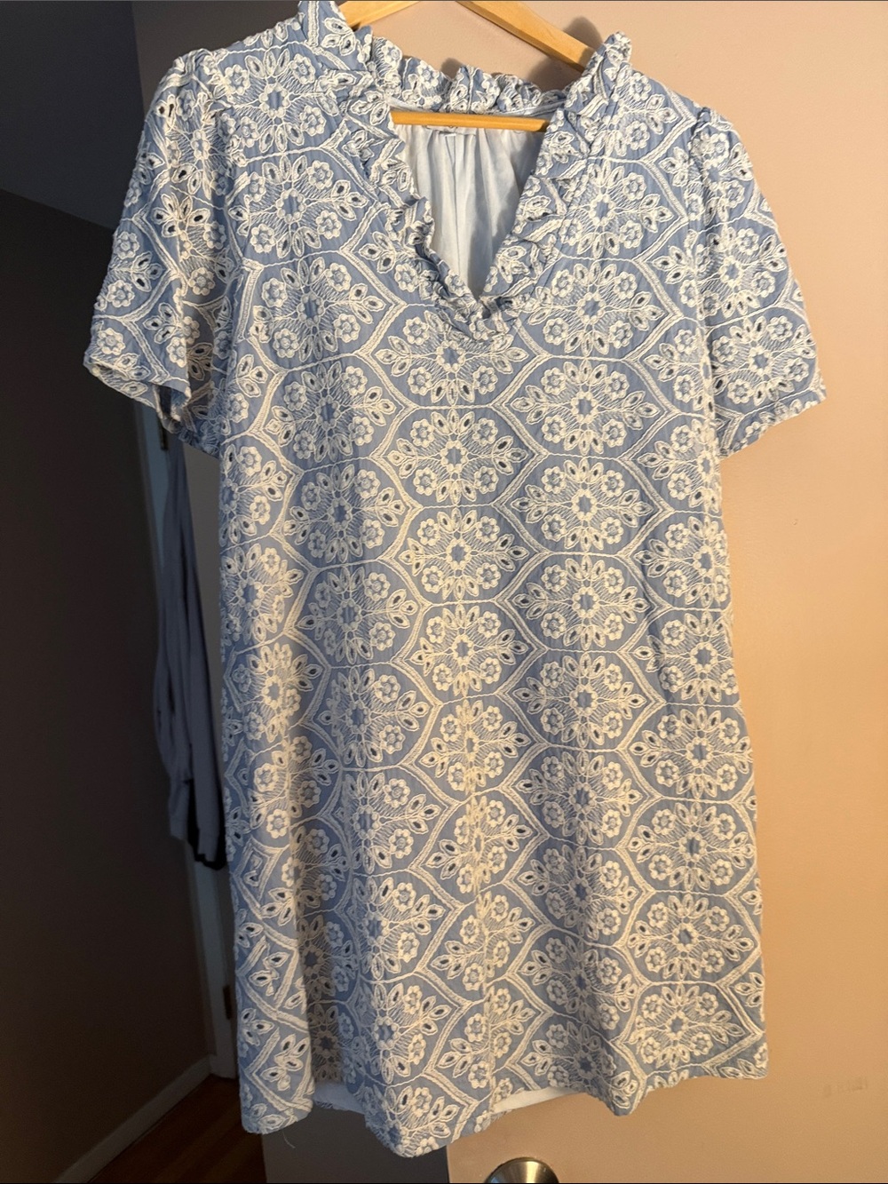 Light Blue & White Floral Lace-Print Shift Dress